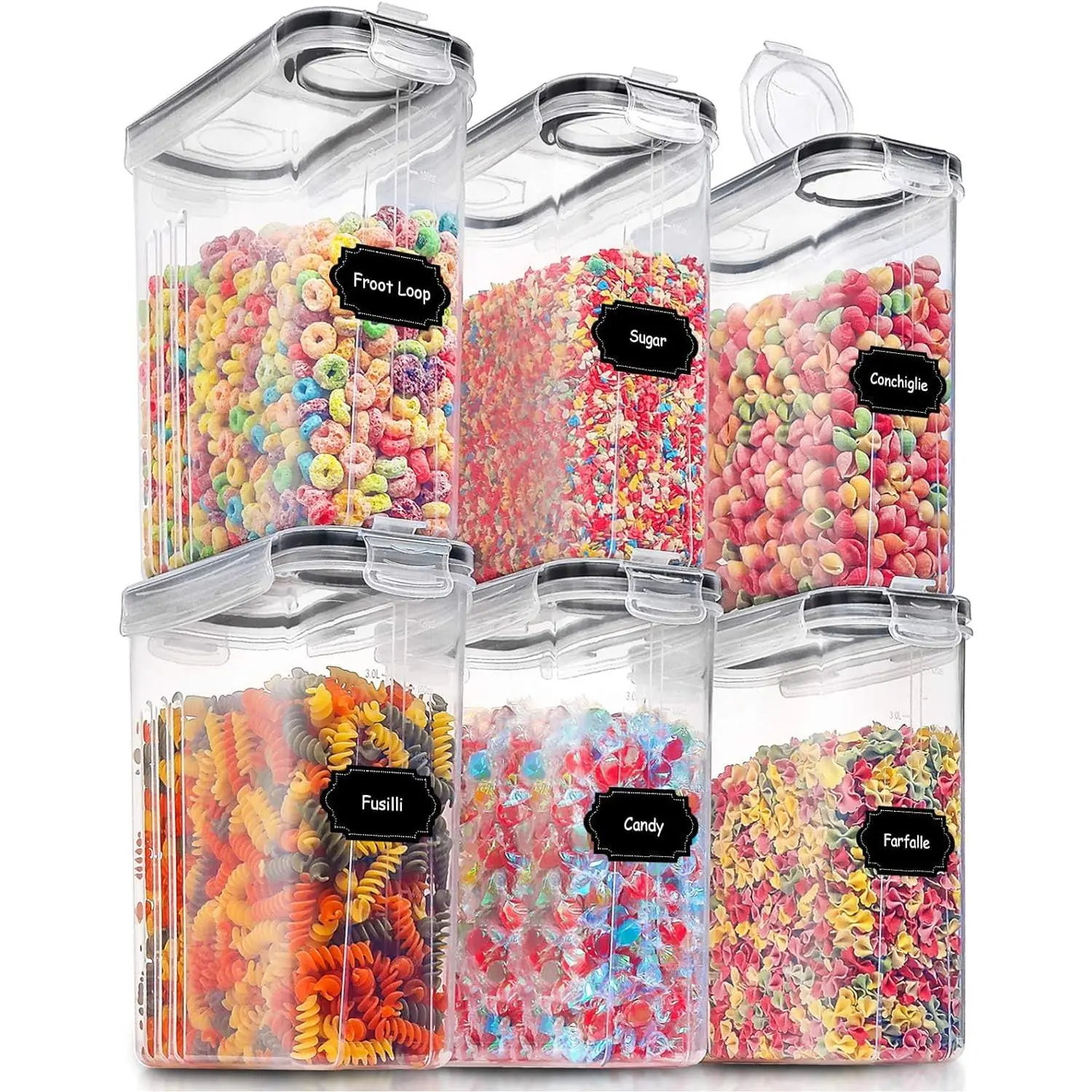 Large Dry  Storage Containers with Lids, 6 count Airtight Cereal Containers Storage Set, Leak-proof Canister Set for Kitchen Pantry Organization with 20 Labels & Marker (4L Black)