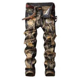 MXCVYCC Men's Ripped Slim Fit Jeans Distressed Brown Straight Leg Comfort Flex Denim Pants with Pockets for All Seasons Streetwear Motocross Trouser