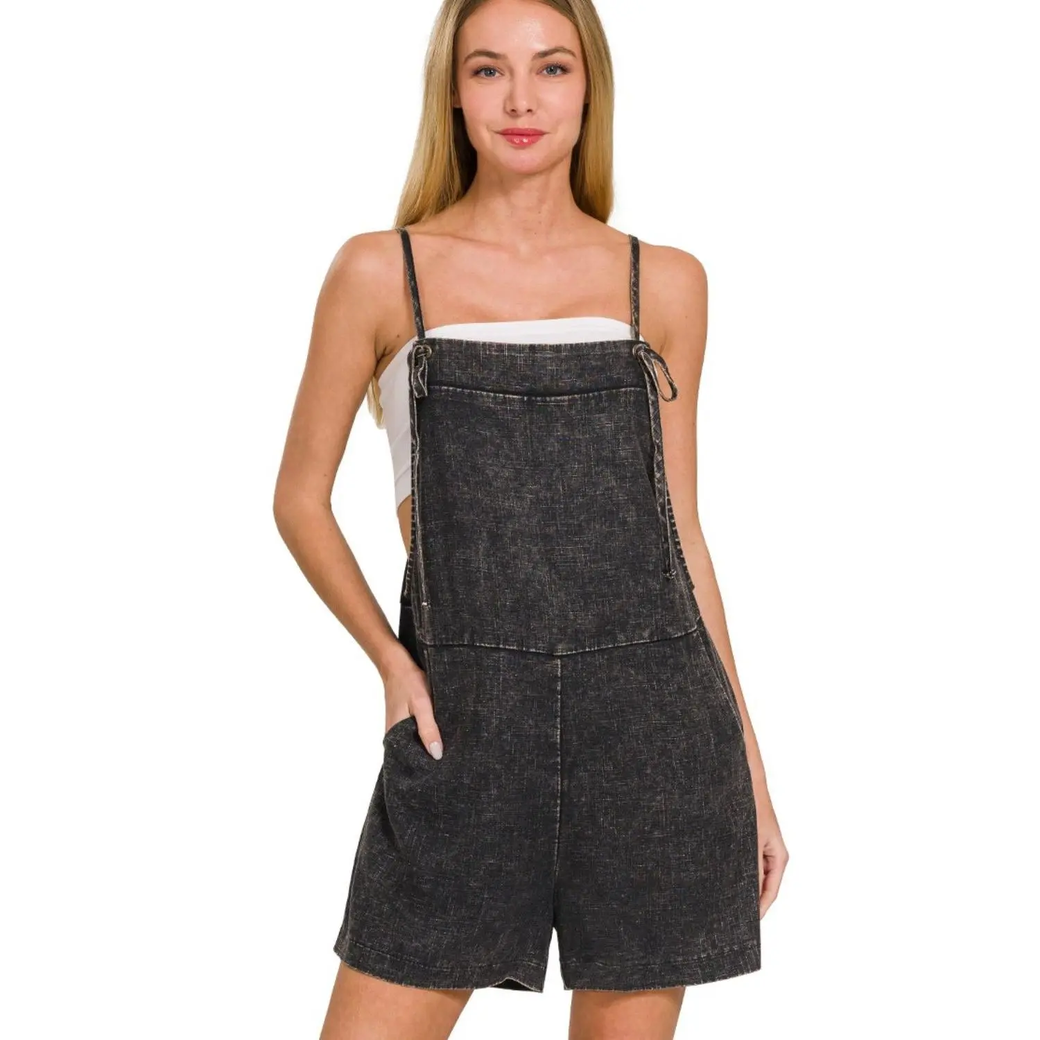 Zenana Washed Linen Knot Strap Rompers