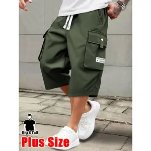 Men's Plus-Size Summer Lightweight Cargo Pants - Drawstring Waist, Large Pockets & Letter Patch, Solid Color Regular Fit for Casual/Outdoor Wear