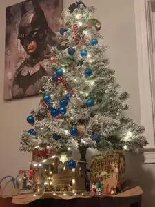 Christmas Tree Set Snowy Monarch Pine with Ornaments Nativity & Décor 3.5 ft Festive Holiday Decorations Including 24 Navy Blue Balls & LED Nativity Scene holiday decor