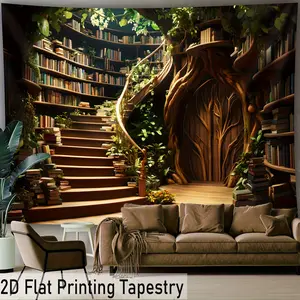 Treehouse Magic Library Tapestry, Forest Artistic Extension Background Cloth, Style Living Room Study Decorative Wall Hanging