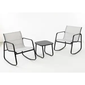 3-Piece Outdoor Patio Rocking Furniture Set, Lightweight Breathable Mesh Chairs with Sturdy Black Metal Frames & Minimalist Square Wooden Coffee Table, Modern Porch & Poolside Seating Set for Courtyards, Balconies & Garden Relaxation