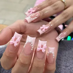 Bow Decor Fake Nails, 24pcs/ set French Style Long False Nails for DIY Nail Art, Effortless Press on Nails, Nail Art Manicure Set, Wedding Nails
