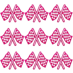 9Pcs Racing Flag Iron-On Patches Cute Checkerboard Embroidery Appliques DIY Decals Fashion Accessories for Jeans Jackets Hats Clothing Backpacks