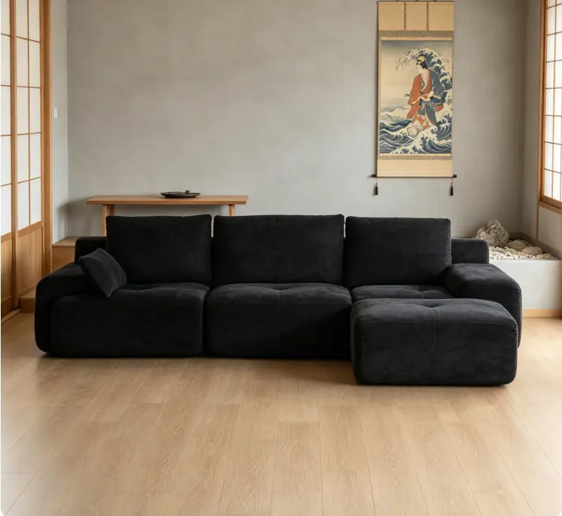Modern Black Corduroy Compressed Sofa, Pet-Friendly Cloud Modular Sectional, Extra Deep Loveseat, Memory Foam, No Assembly Needed