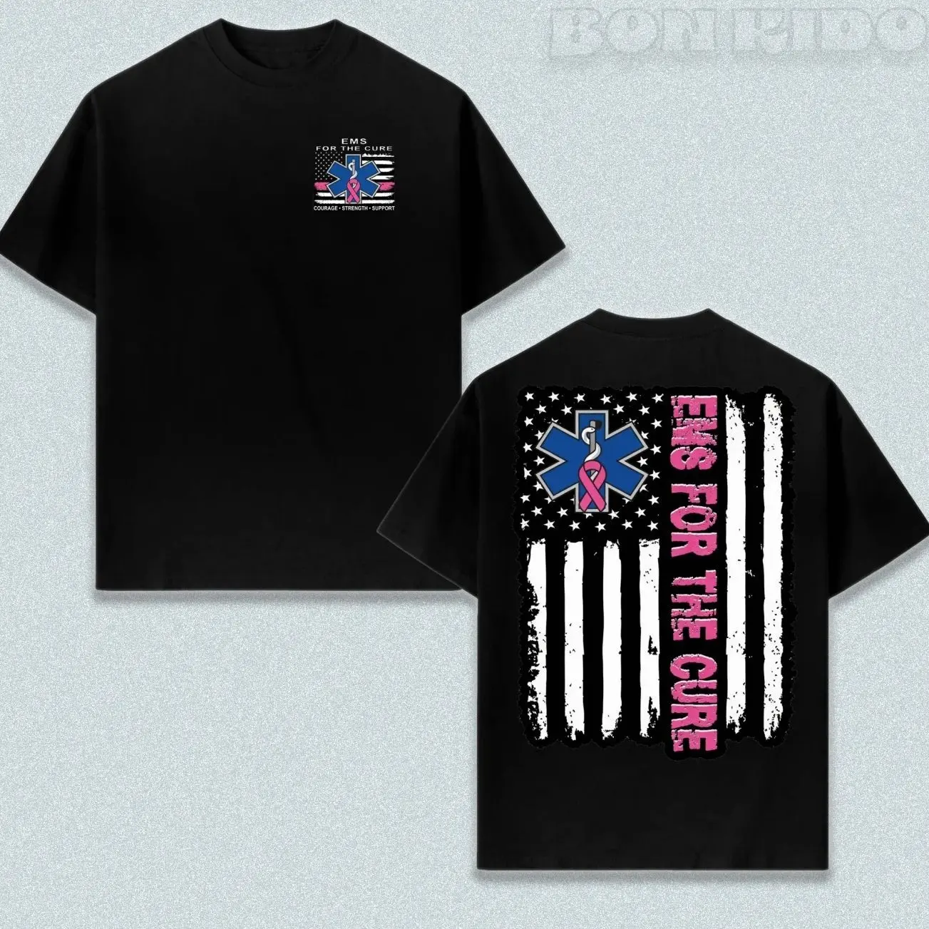 Mens Unisex Short-Sleeve Breathable EMS Graphic Tshirt, 2-Sided #PinkRibbon Prints, Stylish Casual Classic Breast Cancer Awareness Everyday Top FSF