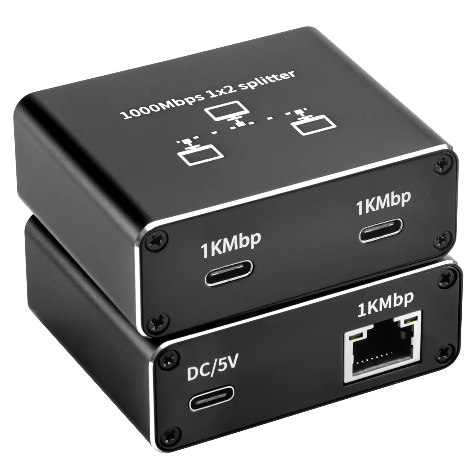 1000Mbps 1x2 Gigabit Ethernet Splitter, Simultaneous Network Connector with DC/5V Type-C Power