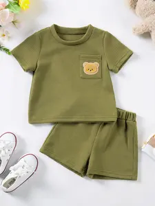 Two-Piece Set Toddler Boy's Bear Print Short Sleeve Tee & Elastic Waist Shorts Set, Cute Casual Round Neck T-shirt & Pocket Shorts, Summer Clothes for Kids, Toddler Outfit