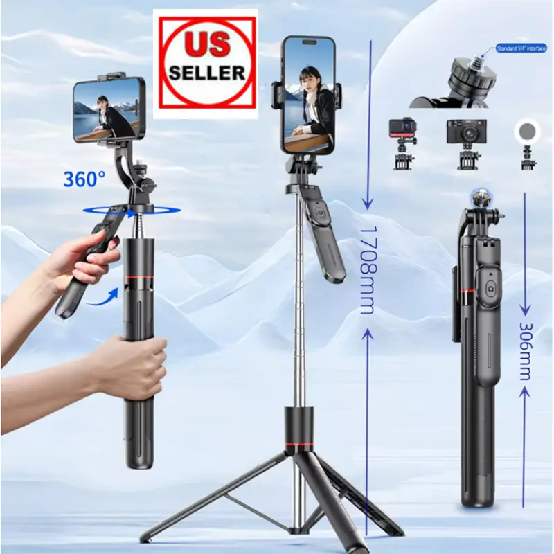 360° Rotatable Extendable Metal Selfie Stick Tripod with Remote Control - Stainless Steel Body, 1/4" Camera Mount, Height Adjust 306mm-1708mm, Desktop Stand for iPhones & Cameras, Travel Video Accessories, Adjustable
