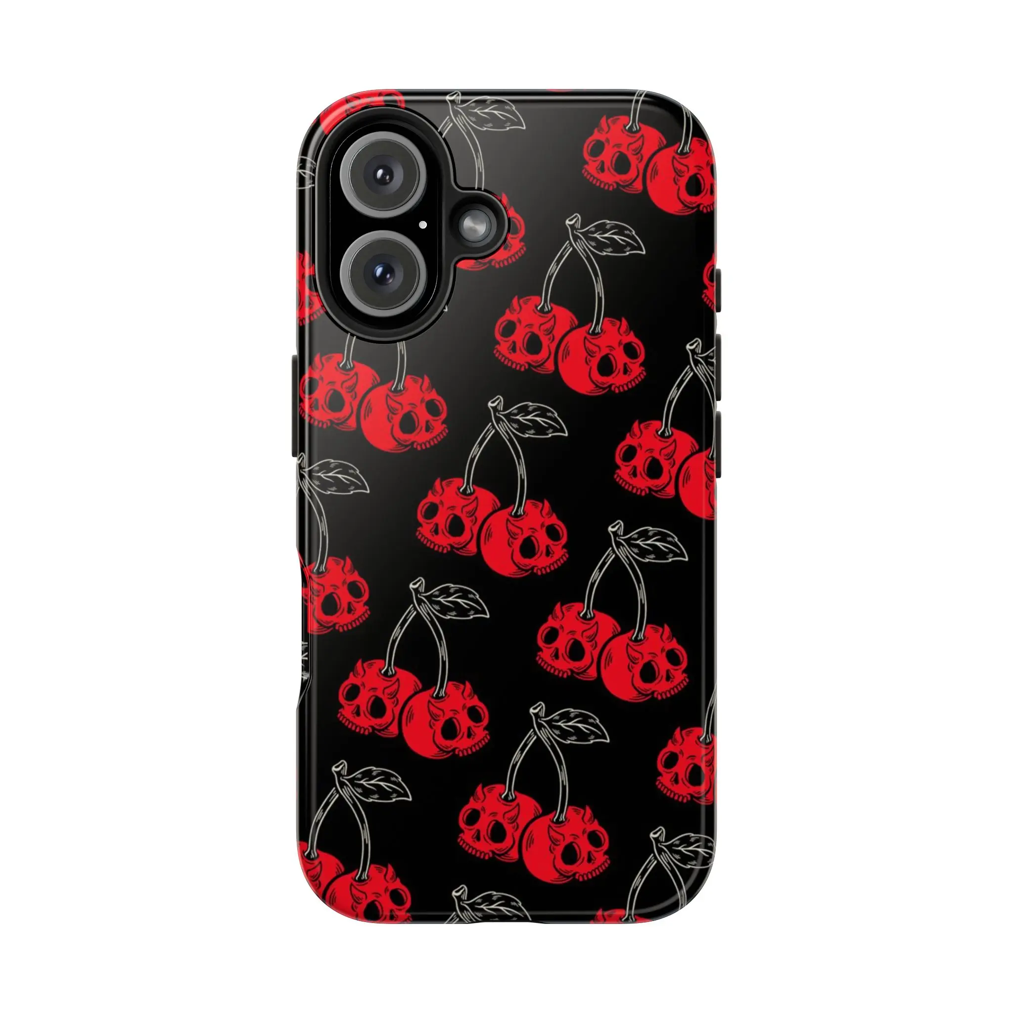 Edgy Cherry Skull Collage Phone Case for Christian, Chic Halloween Cherry Case for IP17 16 15 14 13 12 11 Pro Max XR Xs 6 7 8 Plus SE, Red Skull Halloween Phone Case, Shockproof Protective Tough Case, Gift for Women & Girls