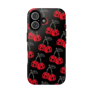 Edgy Cherry Skull Collage Phone Case for Christian, Chic Halloween Cherry Case for IP 17 16 15 14 13 12 11 Pro Max Plus, Red Skull Halloween Phone Case, Shockproof Protective Tough Case, Gift for Women & Girls