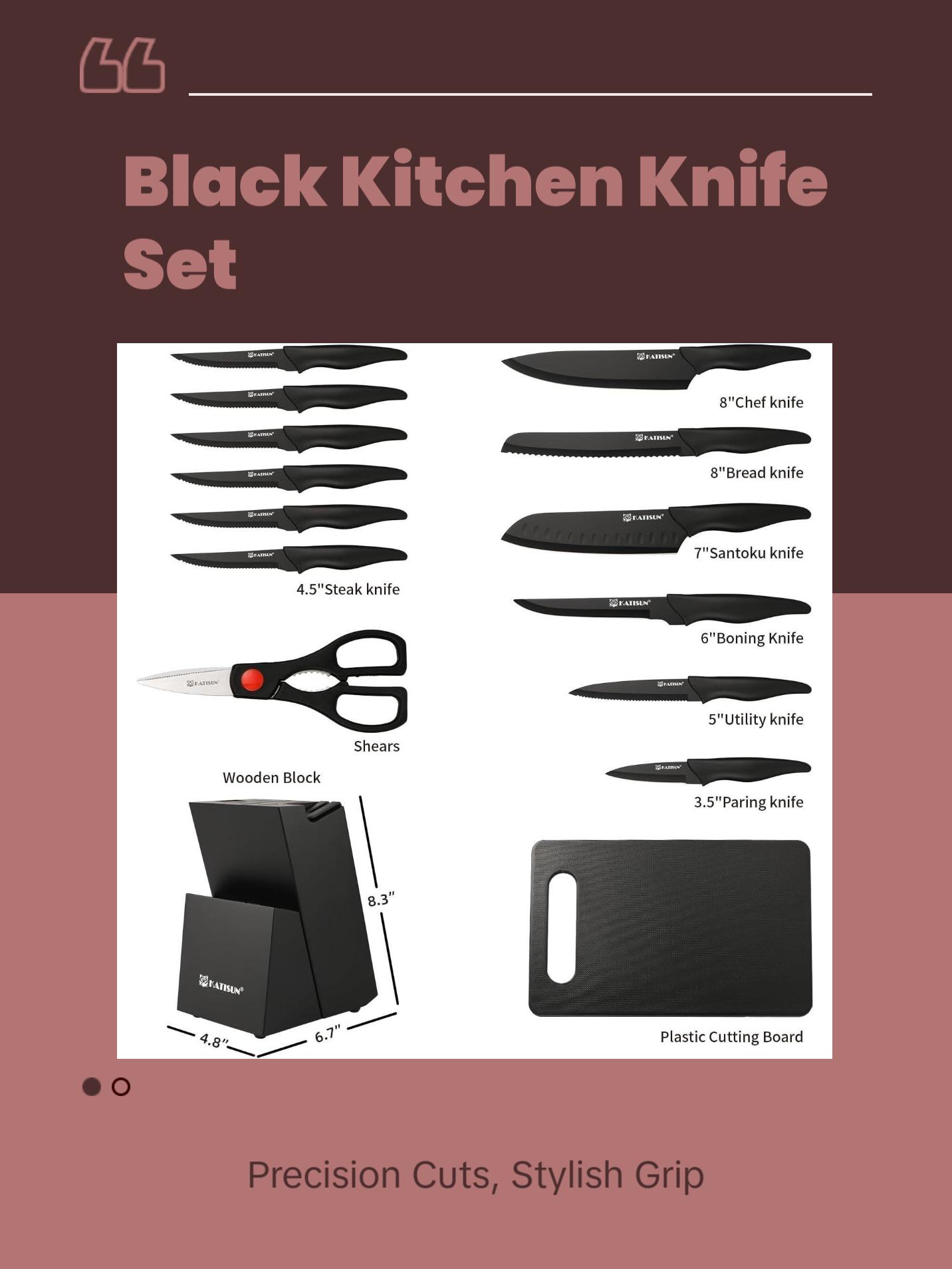 16 Pieces Kitchen Knife Block Set with Cutting Board, German Premium Quality Stainless Steel, Built-in sharpener, Dishwasher Safe, 6 Steak Knives, Anti-slip handle, Black Kitchen Knives Plastic Wooden