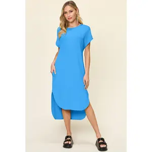 Chic Round Neck Short Sleeve Slit Dress - Sleek Summer Midi Dress with Side Slit in Tangerine and Sky Blue