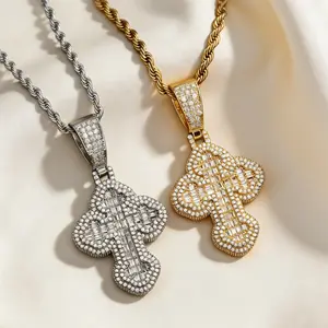 14K Gold Vacuum - Plated Copper Alien Cross Pendant Necklace with 5A+ Moissanite for Unisex, Luxury Daily Jewelry, Casual Fashion, Ideal Gift, Hip - Hop Style