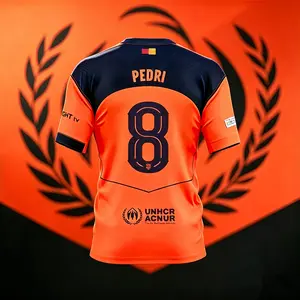 8# Pedri 25 26 Third Away Kit Orange Short Sleeve Soccer Jersey Fans Version