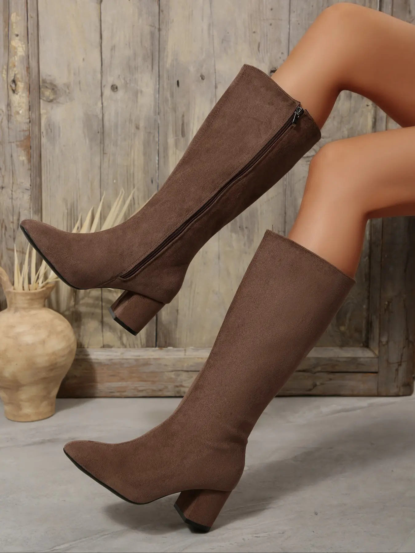 Women's Light Brown Suede Pointed - Toe Block Heel Knee - High Boots, Side Zip Casual Walking & Party Footwear, Fashion Night - Out, Daily & Office Trendy Occasion Shoes, Comfortable Easy - To - Wear Lady's High - Heel Boots, Winter Booties