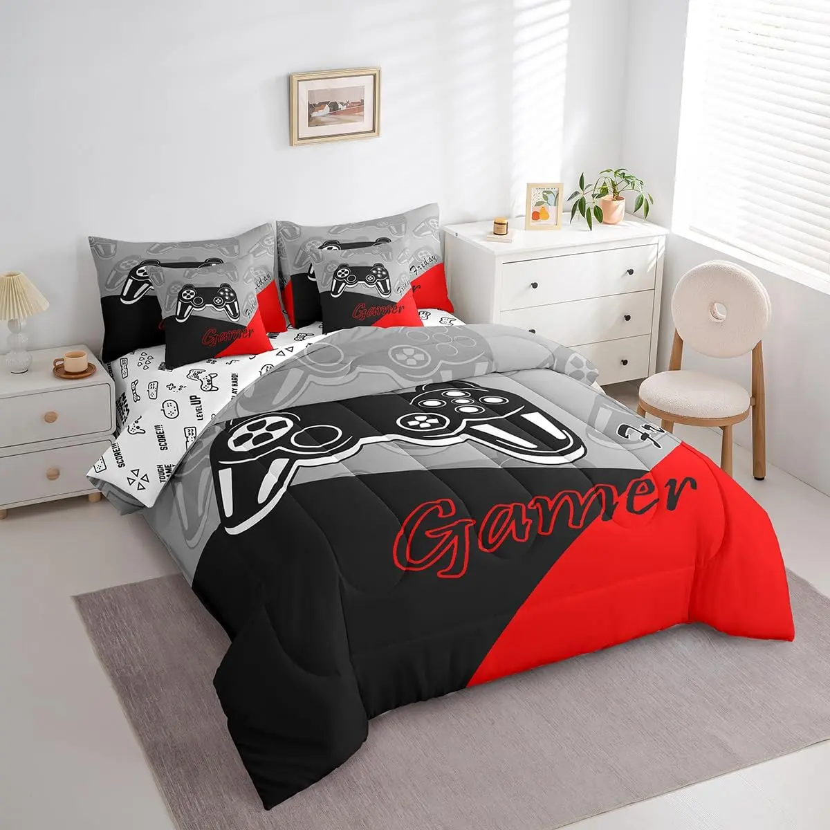 Feelyou Queen Size Microfibre Bedding Set - 7-Piece Bed-in-a-Bag with Gaming Controller Unique Designs, Soft Blanket, Breathable Fitted Sheets, High Tensile Strength, Machine Washable (Fits King Size Too)
