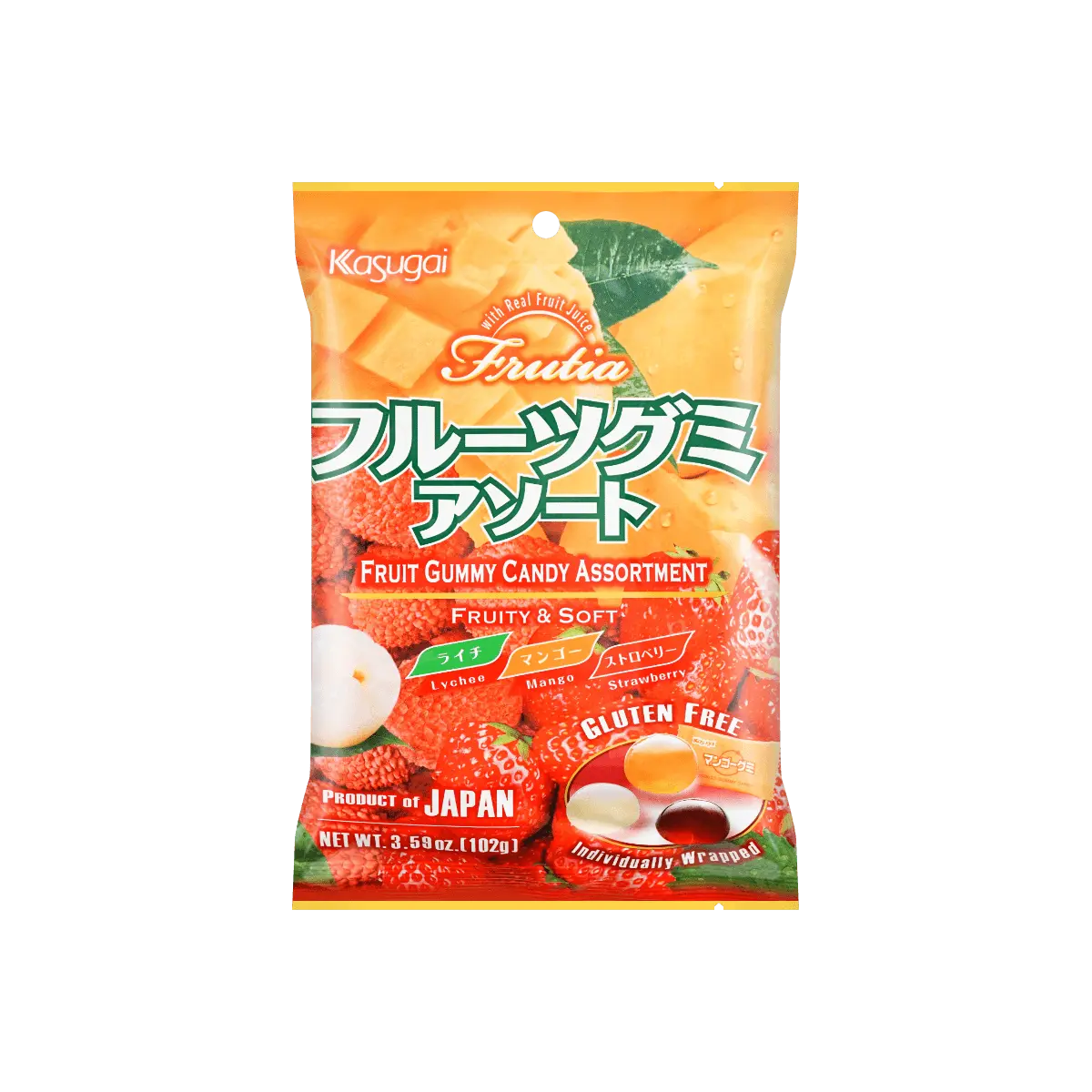 Kasugai Japanese Fruit Gummy Candy - Strawberry, Mango, Lychee Mix - 102g, Gluten-Free, Soft Chewy Snacks