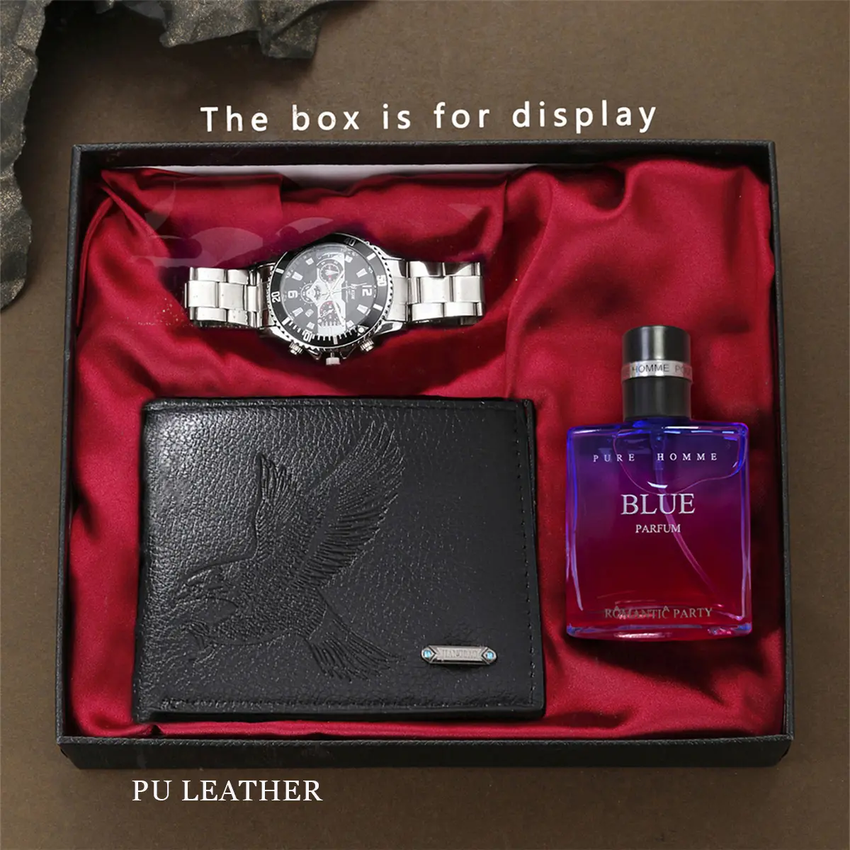 Men's Business Versatile Trendy Silver Watch Set with Black Eagle Pattern Wallet and Stylish Perfume, Suitable as Valentine's Day, Ramadan, Anniversary Birthday Gifts for Him