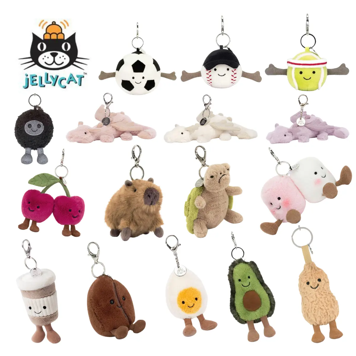 New Jellycat Collectible Plush Keychain - Cute Animal or Food Themed Soft Charm - Hanging Pendant Gift for Backpacks, Car Keys