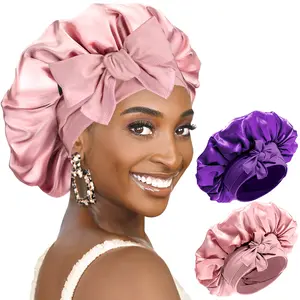 Silk Satin Bonnet for Women Sleeping Cap Double Layer Hair Bonnet with Adjustable Tie Band for Natural Curly Hair Pink Haircare Elastic
