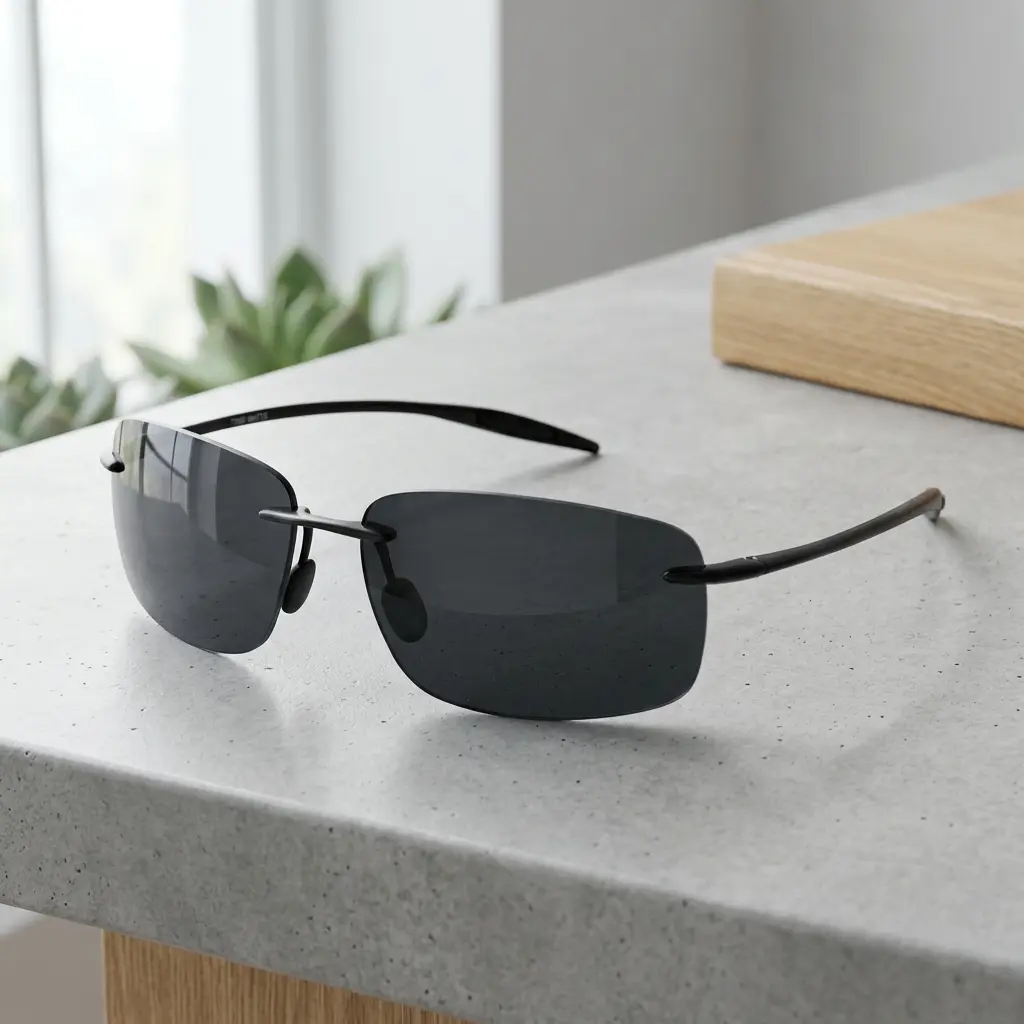 Ultralight TR90 Rimless Polarized Sunglasses, Black Thin Wrap Temple UV400 Smoke Lens for Men Driving Cycling Fishing Outdoor Sports