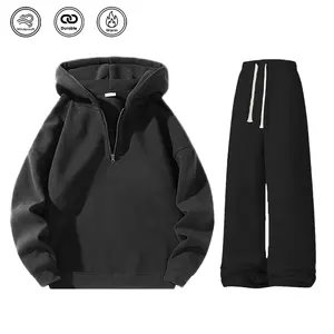 Men’s solid-color two-piece athletic tracksuit set featuring a regular fit: a casual off-shoulder half-zip hooded sweatshirt and drawstring jogger pants with pockets. Fleece lining for warmth, suitable for autumn and winter, ideal for everyday wear and wo