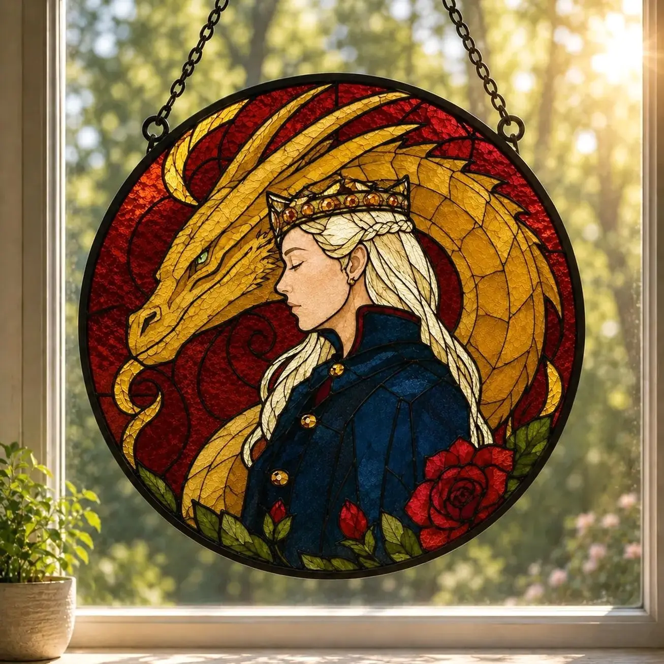 House of the Dragon Rhaenyra Targaryen & Syrax Stained Glass Window Suncatcher - Colorful Magical Metal Light-Faux Glass Artwork Hanging Decor - Gift Ready for Game Fans, Complements Décor Styles