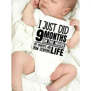 Cute Baby Bodysuit With I Just Did 9 Months On The Inside My Parents Are Now Serving Life Print Soft Versatile Round Neck Button Detail Regular Fit All Seasons Knitted Fabric Onesie
