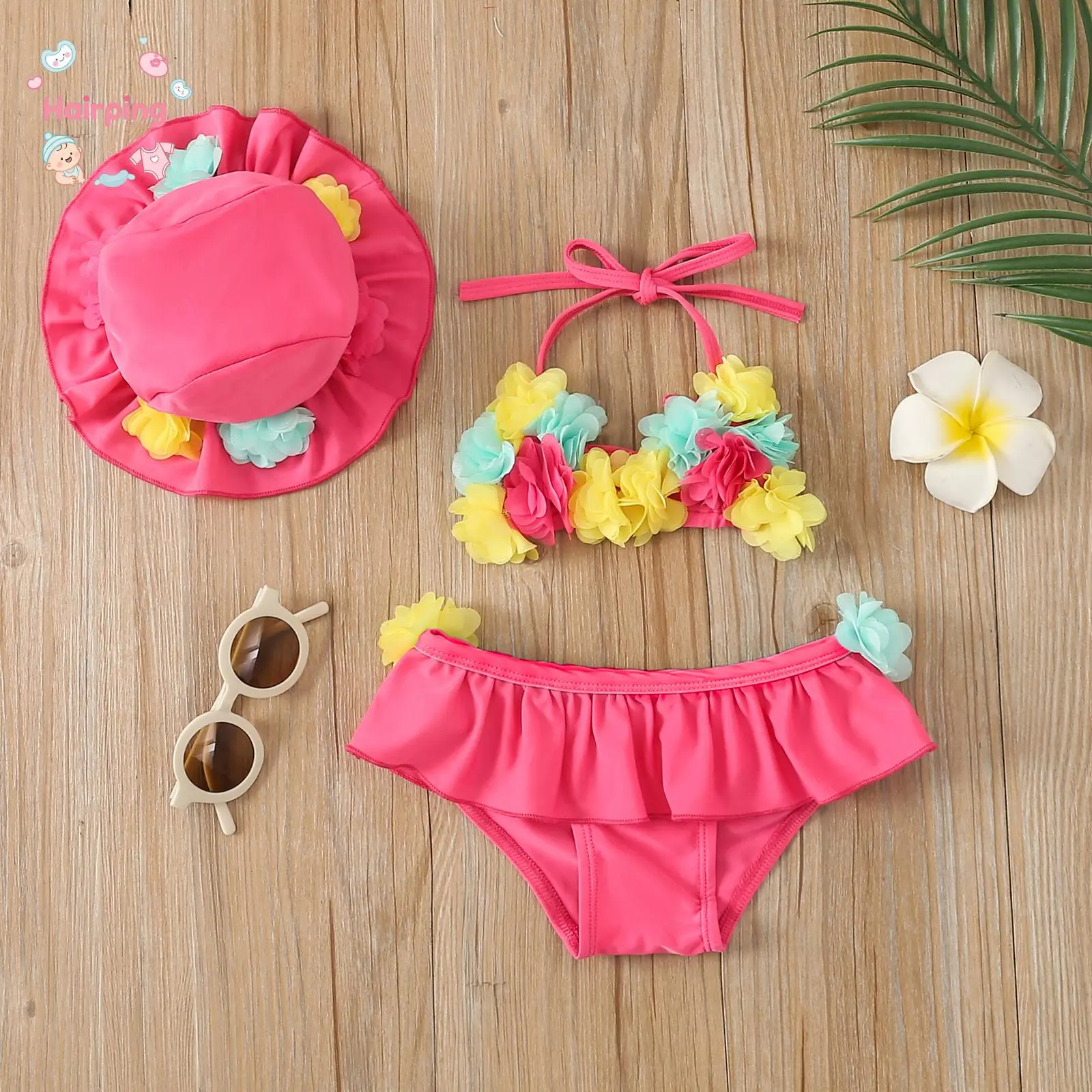 Baby Girl 3D Floral Bikini Set with Hat, Ruffle Trim Halter Neck Two Piece Swimsuit, Cute Summer Beach Pool Bathing Suit for Toddler Infant, UV Protection Holiday Outfit