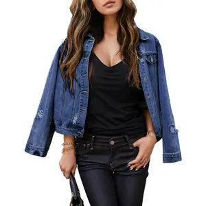 Oversized Drop Shoulder Denim Jacket Distressed Ripped Casual Coat
