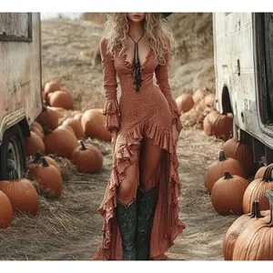 Women Sexy Deep V Neck Western Cowgirl Dress Casual Long Sleeve Ruffle Vintage Dress