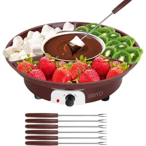 Chocolate Melting Pot Electric Chocolate Fondue Pot Set 3-Section Food Trays with 6pcs Dipping Forks Perfect for Cheese Dessert Housewarming Christmas Party Gifts Brown