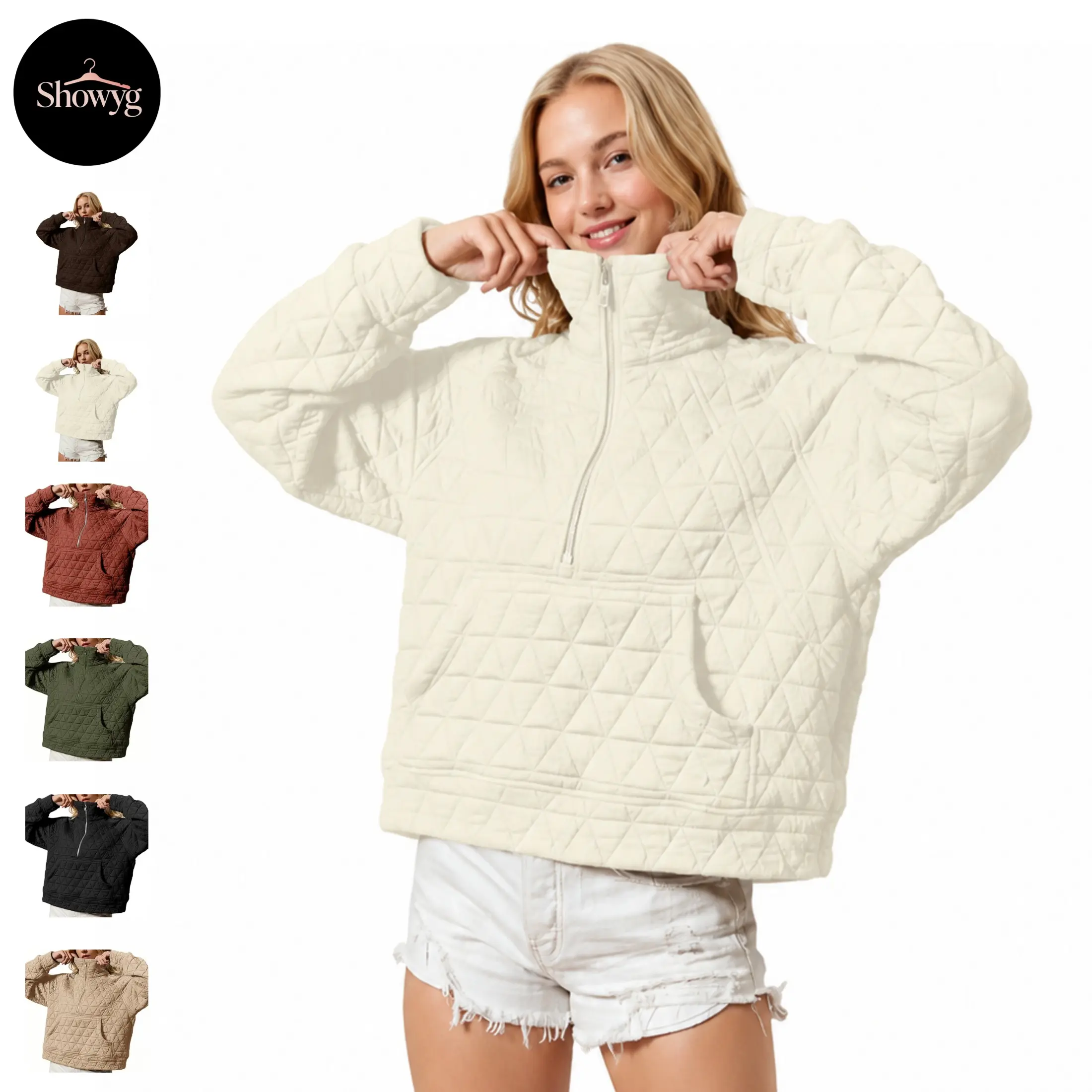 Showyg Women's Minimalist Mock Neck Quilted Pullover Jacket - Half-Zip Loose Casual Weave Lightweight Coat with Kangaroo Integrated Pocket, Street Style Integrated Pocket Women's Lightweight Jackets for Daily Outdoor Wear, Street Style Women's Lightweight
