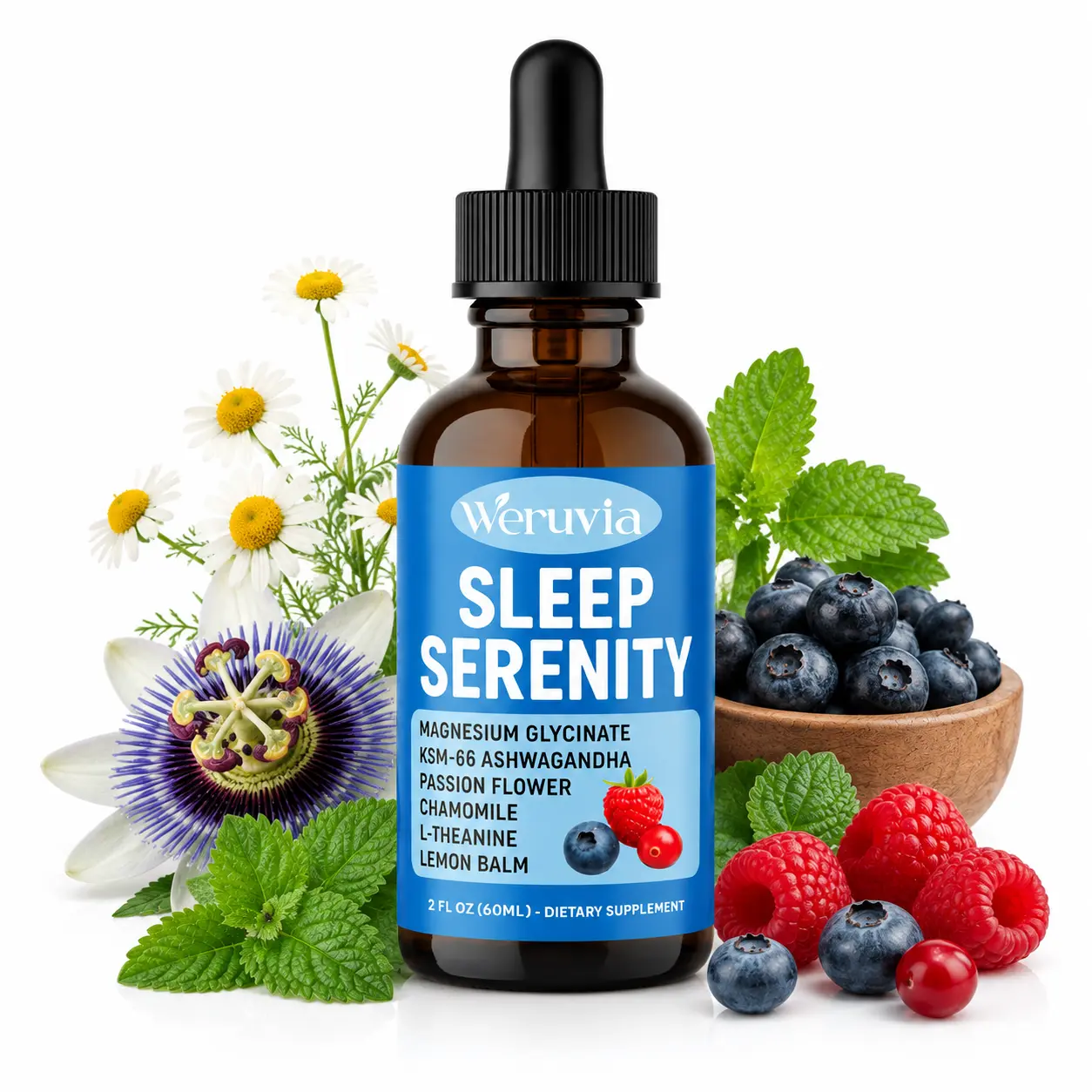Sleep Serenity Drops with Magnesium Glycinate, KSM-66 Ashwagandha, Chamomile & L-Theanine | Herbal Liquid Supplement for Relaxation & Daily Wellness Support | 60mL