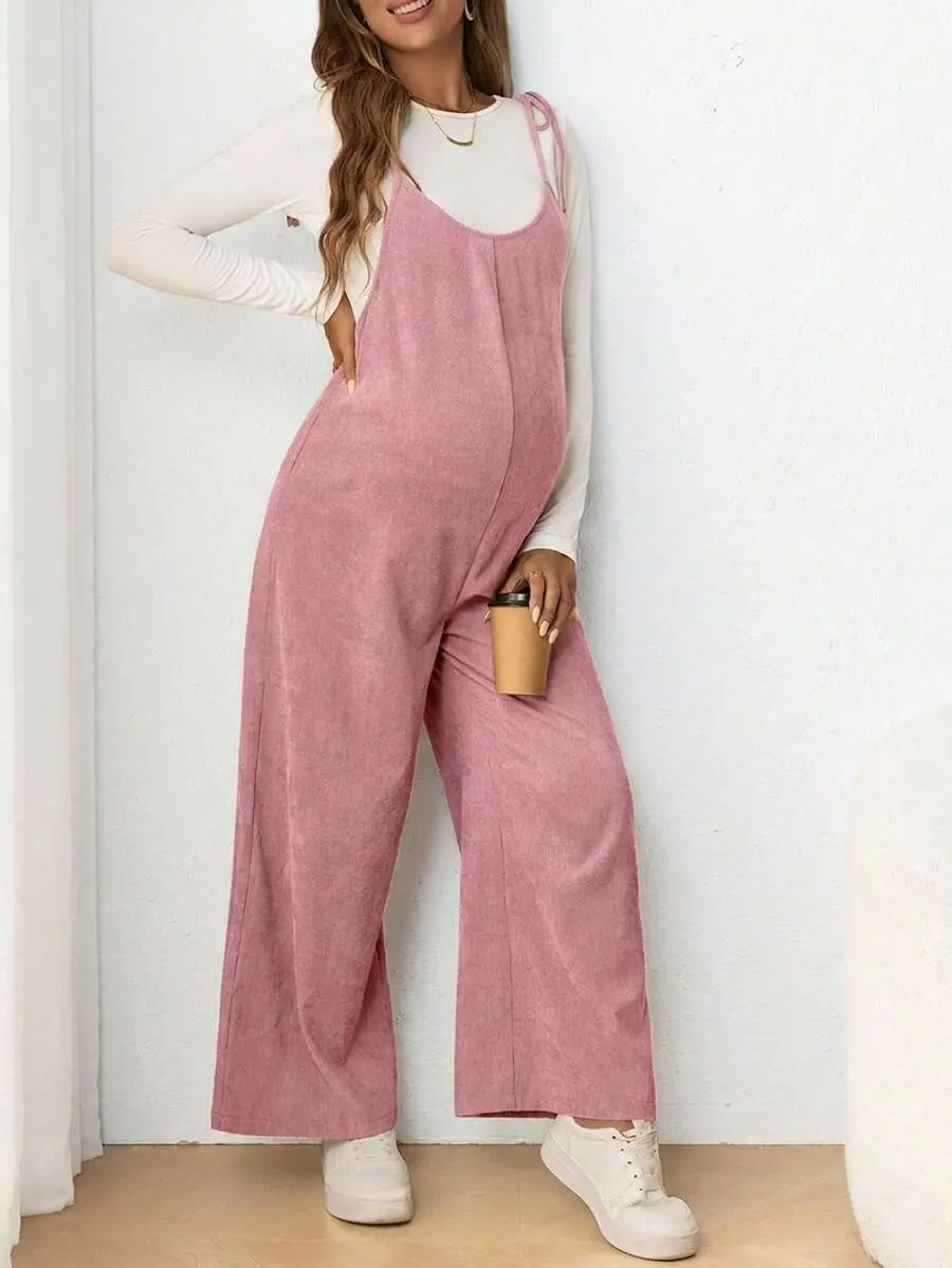 MAGICMOM Maternity Casual Spaghetti Strap Bowknot Long Fitted Jumpsuit