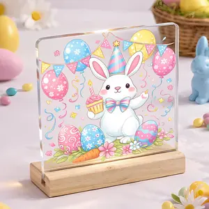 Easter Bunny Egg Acrylic Plaque for Home Decor, Cute Happy Easter Desk Decor and Gift Idea for Birthdays, Aesthetic Gifts for Women