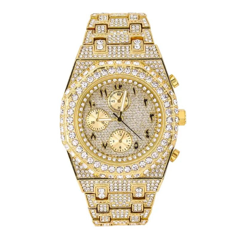 MaxBling81 Men's Gold-Plated Stainless Steel Bling Quartz Watch - Round Dial, Arabic Numerals, Simulated Diamond Iced Full Band, Jeweled Quartz Watch for Clubbing, Bling Quartz Watches, Jeweled Quartz Watches