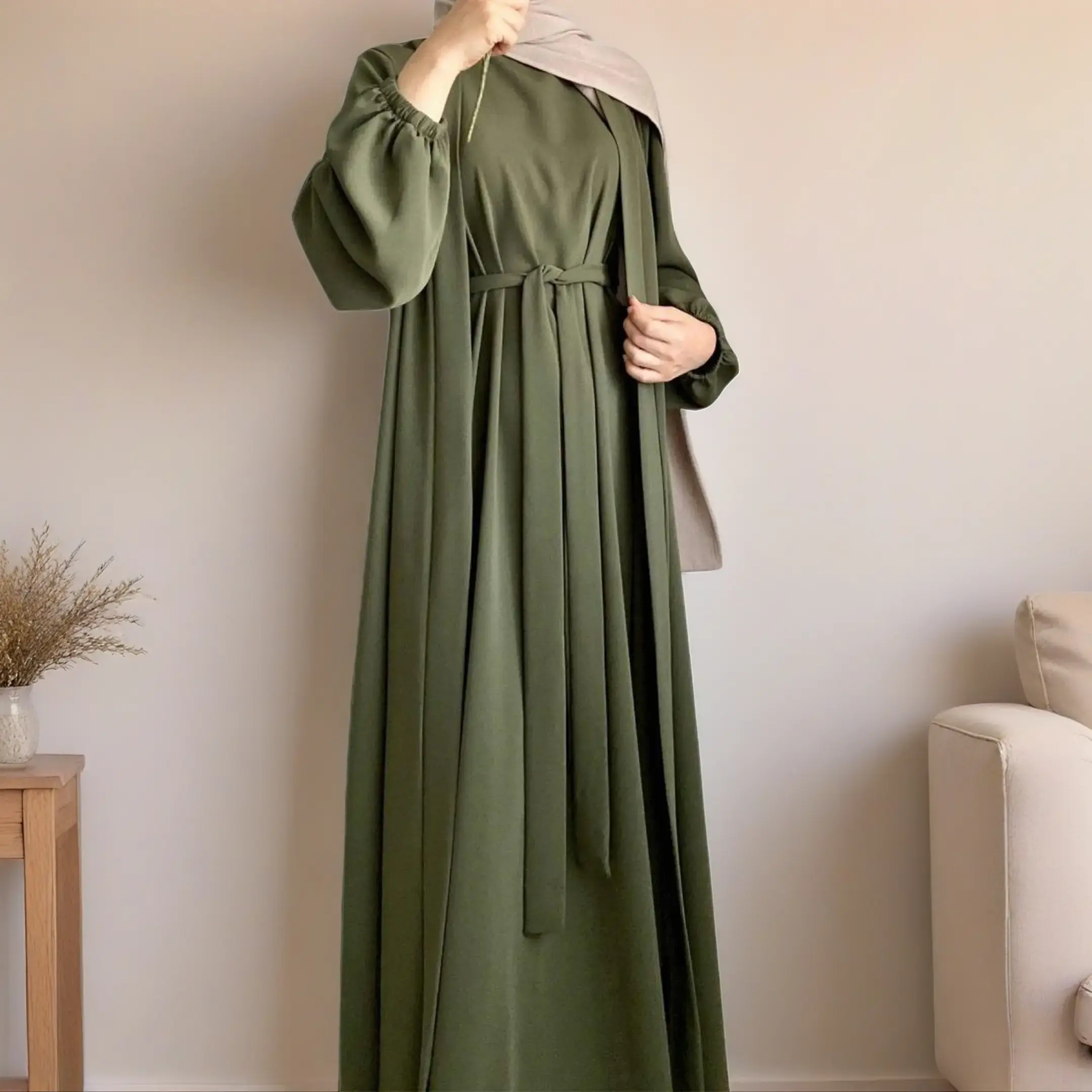 Women's 3-Piece Abaya Set, Elegant Solid Color Open Front Abaya with Inner Dress, Belt, and Pockets, Modest Polyester Islamic Clothing, Elegant Islamic Clothing, Islamic Abaya Dress