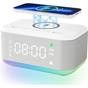 Clock Speaker  Charger, Digital  Clocks Bedrooms ,  Clock Dimmable Light Bedrooms Dual  Snooze Dimmer 12 24H RGB Night Light  USB AUX, White