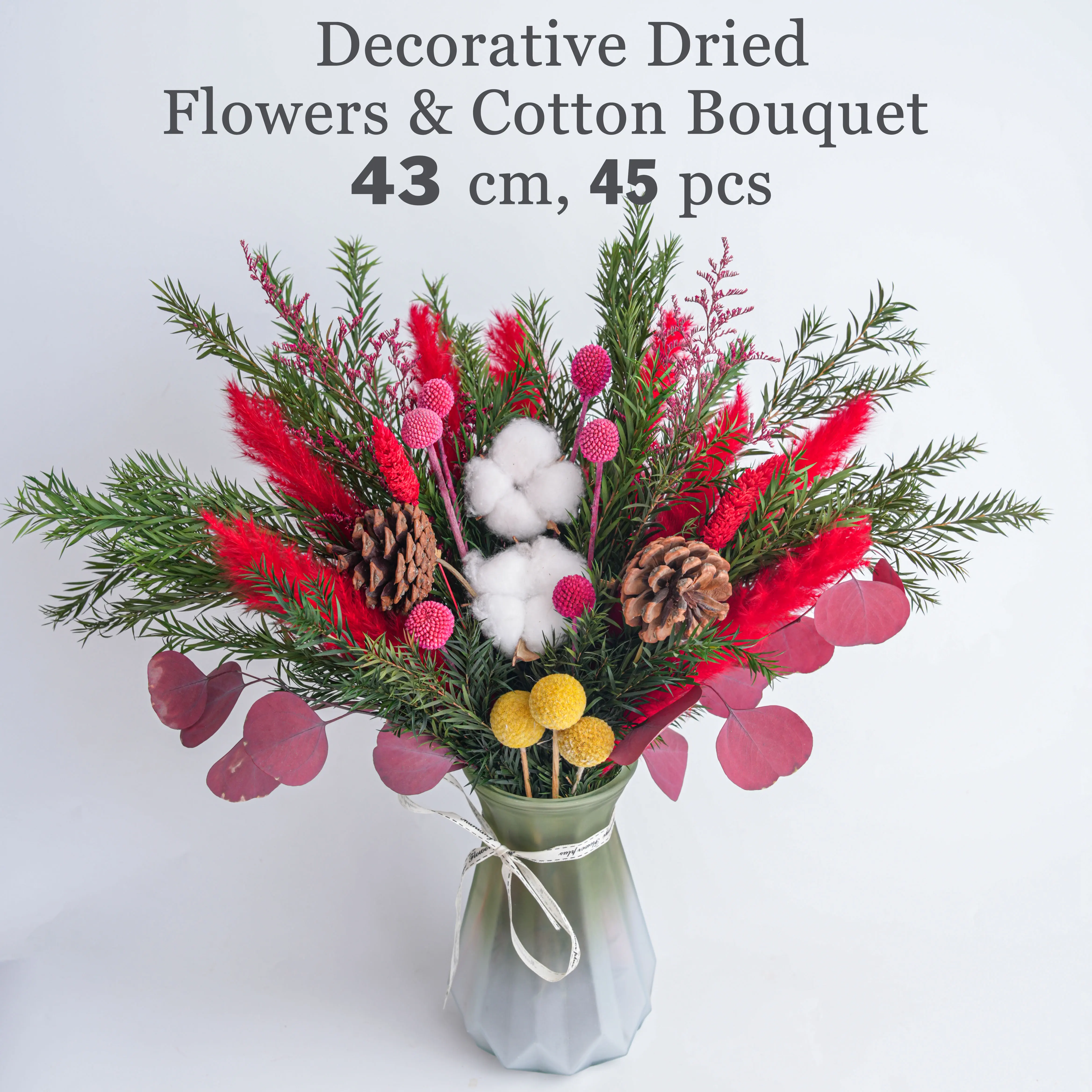 Natural Dried Flower Bouquet with Red & Green Flowers, Pinecones, and Cotton for Christmas, Weddings, and Home Decor angel  tree  gift