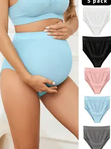 Maternity Plain Simple Comfortable High Rise Briefs Pack Of 5 Multicolor Knitted Fabric Underwear For Daily Wear Casual Style