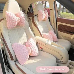 2 Cartoon Bow Car Headrest Pillows + 2 Lumbar Support Pillows, Available in Black, Soft Pink, Beige and Other Colors, Car Lumbar Pillows, Car Interior Decoration, Cute Cushions
