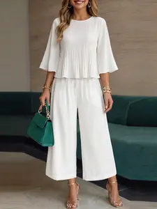 Women's Round Neck Three-Quarter Sleeve Loose Pleated Short Top and Long Pants Set, Two-Piece Casual, Minimalist Daily Wear Style