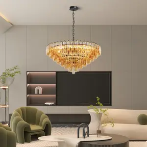 Modern Round Chandelier, 37" Extra Large Black Chandeliers for Dining Room, 14-Light with Tiered Smoke Glass Tubes Ceiling Light, Pendant Lighting Fixture for Living Room Bedroom Kitchen Island