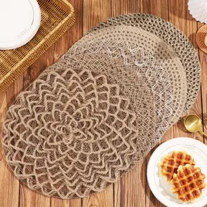 4pc Jute Woven Hollow Cup Mats Natural Wind Insulation Vegetable Pad Tabletop Protection Round Mat Set