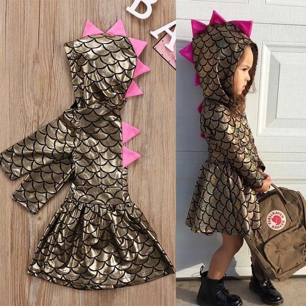 SCKTOO 100% Brand New Dinosaur Scale Cape Dress, Toddler Long-Sleeve Cotton Blend Round Neck Outfit, 3-4 Years, for Boys/Girls Party Halloween Casual Everyday Wear