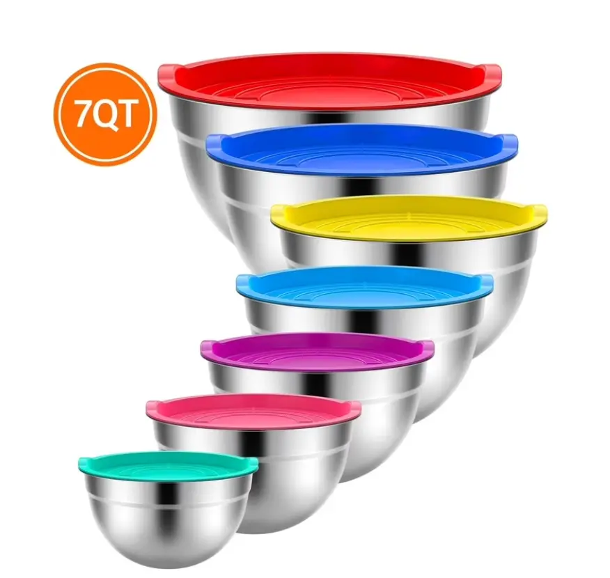 7-Piece Metal Mixing Bowls Set with Lids Nesting Stainless Steel Bowls Kitchen Prep & Baking Multiple Sizes 7-0.7 QT Durable