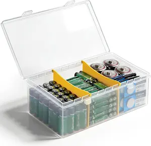 Clear Plastic Battery Storage Organizer for AA, AAA, 9V, C Batteries, Storage Box Battery Holder Organizer for Common Types Batteries, Household Container (2 Dividers)